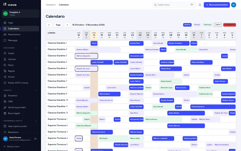 Calendario unico di un gestionale con le prenotazioni di Booking.com, Airbnb e del sito diretto