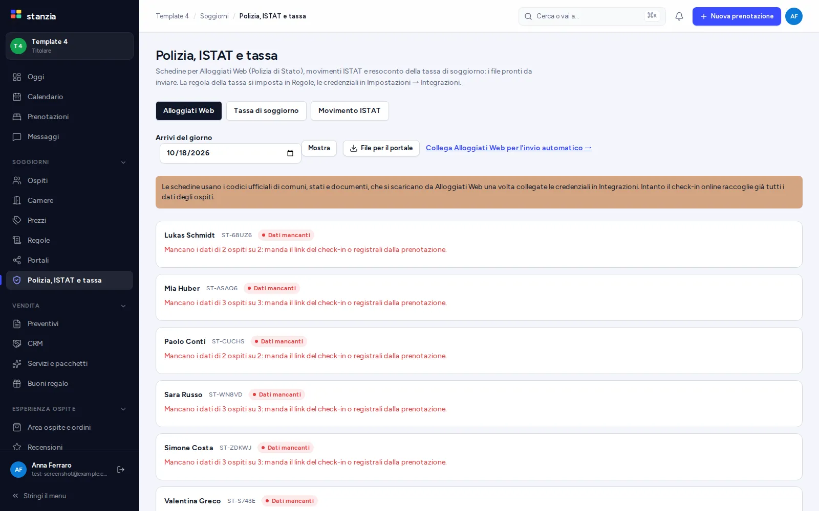 Pannello Alloggiati Web di Stanzia con le schedine del giorno pronte all'invio
