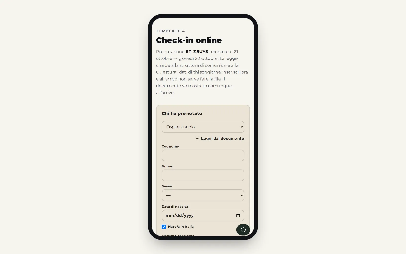 Check-in online di Stanzia con la lettura del documento dal telefono dell'ospite